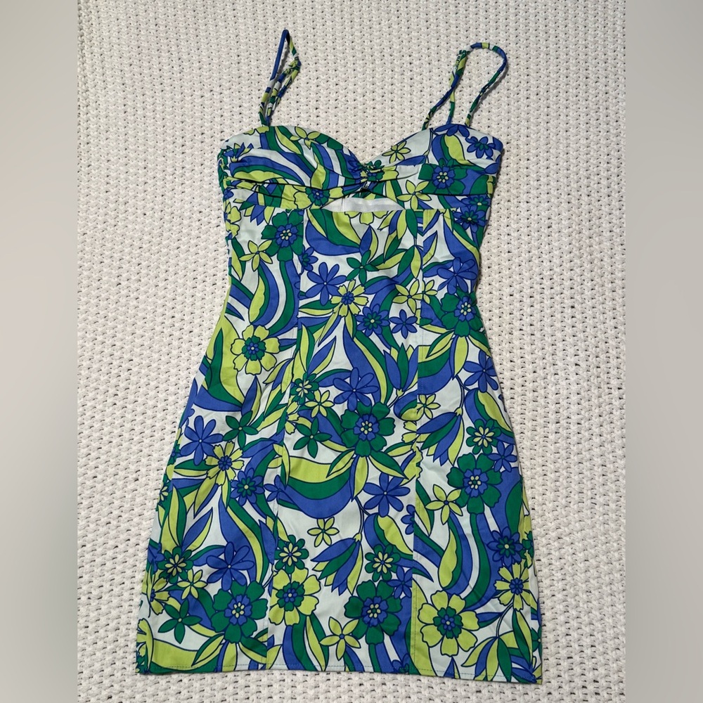 Zara Blue and Green Floral Dress XS
